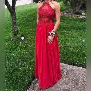 Elegant Red Lace Halter Dress
